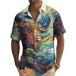 Summer Fashion Cartoon Mythical Animal Lion Tiger Wolf Print Men's Short Sleeve Casual Printed Tops Vacation Travel Oversized