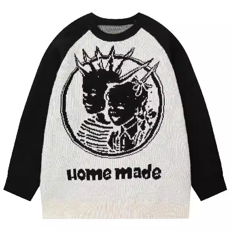 Abstract Portrait Sweater Male Winter American Streetwear Skull Harajuku Knitwear Pullovers Vintage Men\'s Jumpers Sweaters Knit