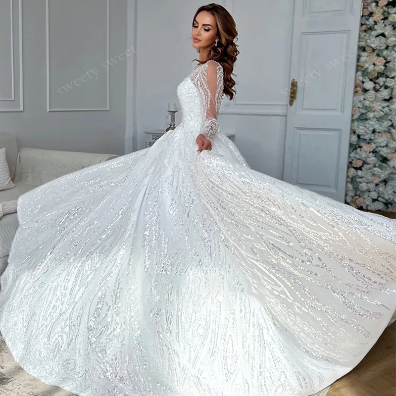 

Glitter Wedding Dress Beading With Embroidered Lace A-Line Ball Gown Full Sleeve O-Neck Customized Bride Dress Vestido De Novia