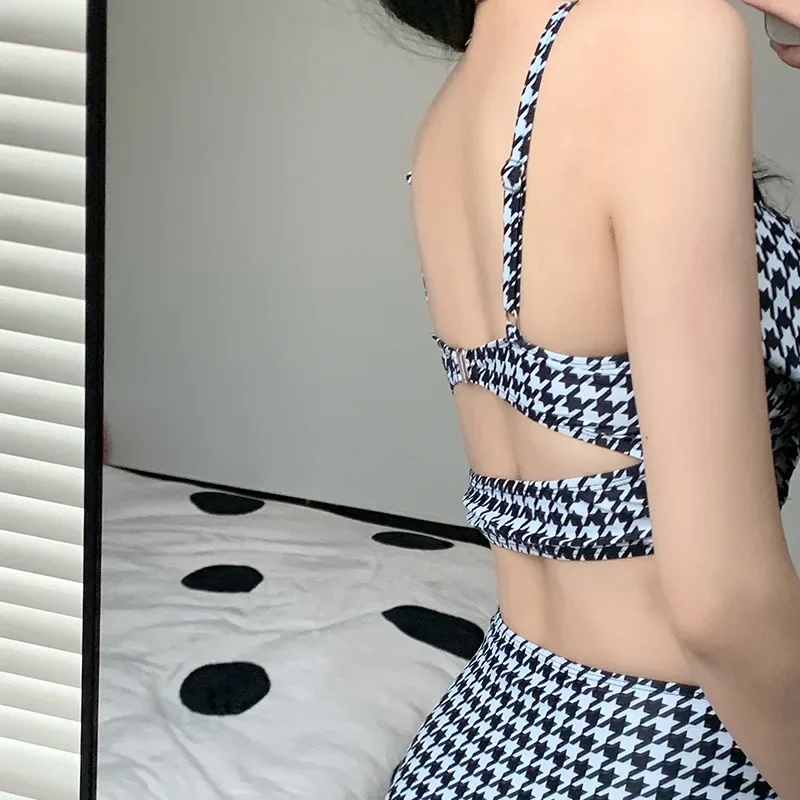 2023 Korean Style Sexy Plaid Swimsuit Two Pieces Women Bikini Set Push Up Swimsuit Beach Summer Bandage Swimwear Swimming Skirt
