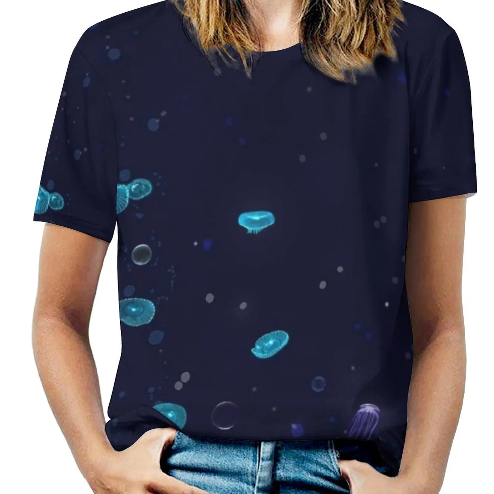 Deep Sea Luminescent Women T-Shirt Crewneck Casual Short Sleeve Tops Summer Tees Sea Ocean Life Creatures Glow Bio Luminescent