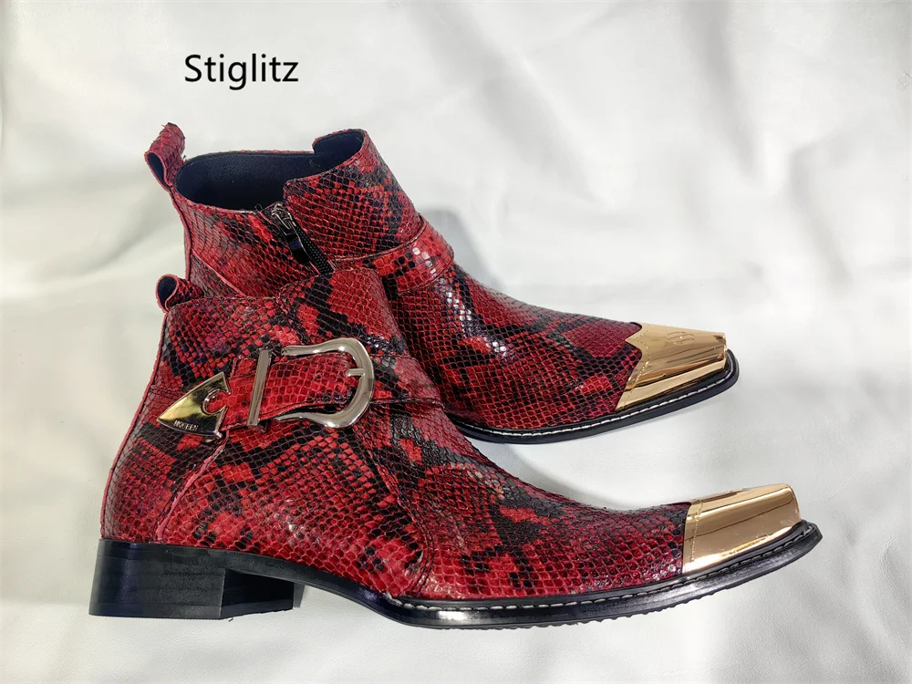 Red Snake Print Western Chelsea Boots for Men Pointed Metal Toe Belt Buckleside Zipper Short Boots Stage Party Wedding Shoes