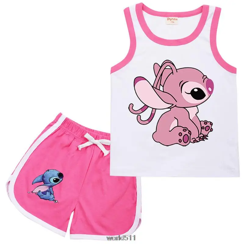 Stitch Summer Children Kids Sport Basketball Set Baby Boys Girls Cartoon Vest Sleeveless Tops +Shorts Outfit Clothes Pink