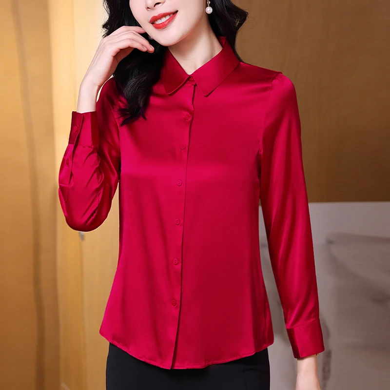 Imagem -04 - Real Seda Camisa Feminina Sólida Elegante Moda Camisas para as Mulheres Turn-down Colarinho Blusas de Manga Longa Escritório Senhora Trabalho Blusa Topos