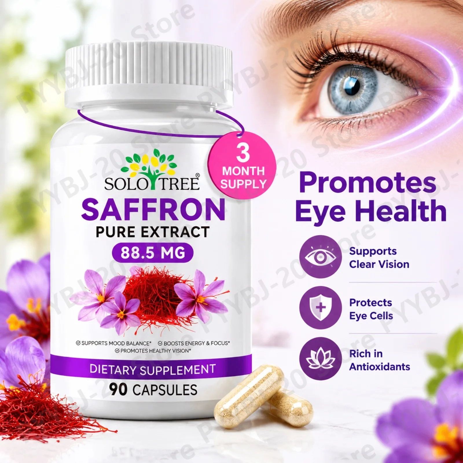 SOLOTREE Saffron Pure Extract Capsules - Promotes Eye Health Supports Mood Balance & Boosts Energy 88.5mg 90 Capsules