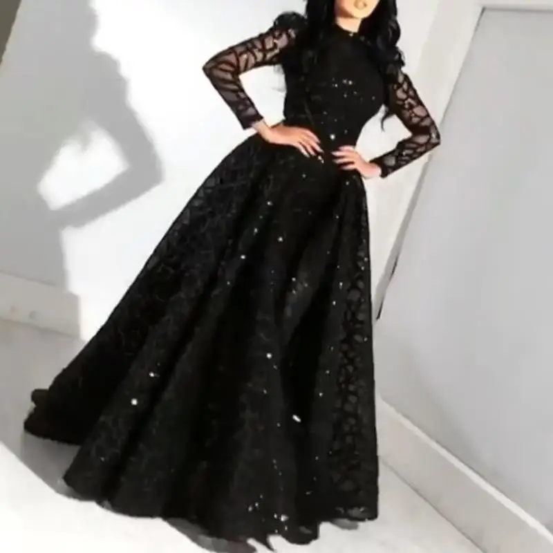 2024New Design Ladies Lace Evening Gown Black Sequin Ball Gown Elegant Long-sleeved Evening Dress Wedding Bridesmaid Guest Dress