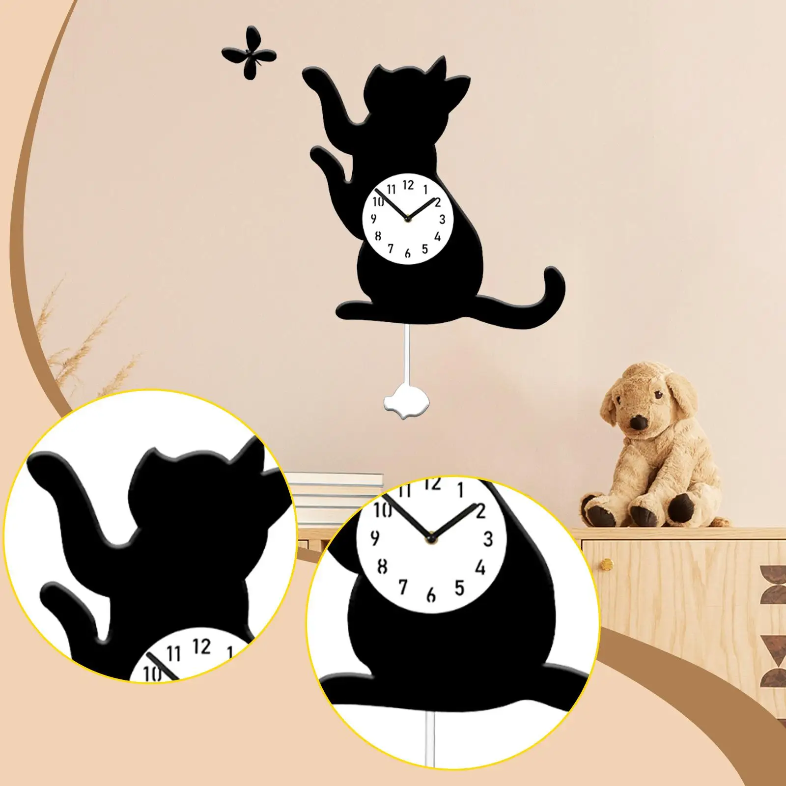 ساعة حائط على شكل فراشة قطة مزخرفة برسوم كرتونية لغرفة الطعام وغرفة الأطفال المنزلية