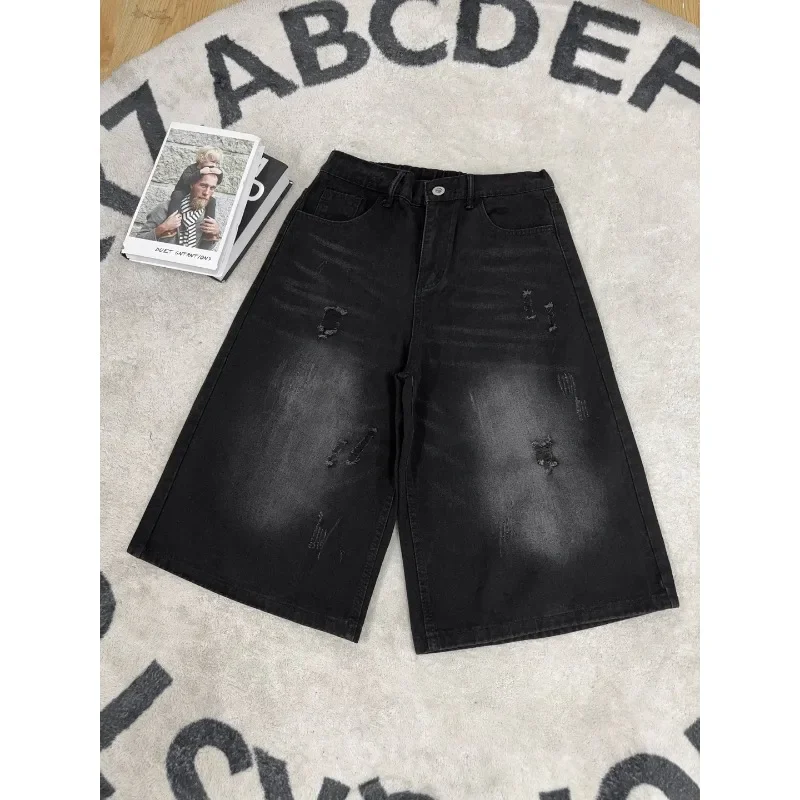 2026 New Mens Shorts Denim Shorts American High Street Loose Straight Leg Distressed Seven Tenths Casual Summer Wear