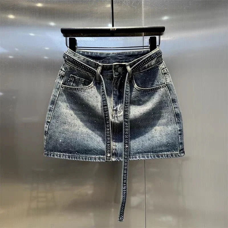 

Oversize Retro Diamond Denim Mini Skirt for Women Summer High Waist Shiny Rivet Slim Skirts Gradient Black Grey Jean Skirts New