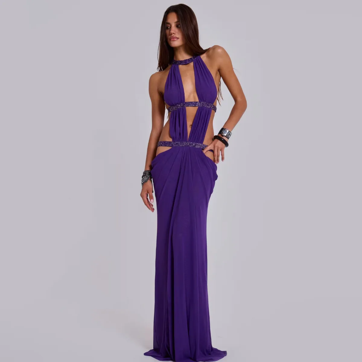 KWTX セクシーな背中見せホルターネックマキシ丈ワンピース カットアウト パッチワーク 細見え ボディコン デザイナー エレガント ミニマリスト 快適 プレミアム カジュアル