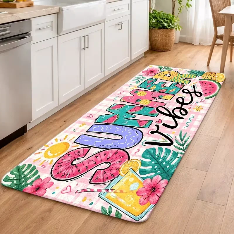 Red Plaid Border Kitchen Long Rug Cutlery Letter Print Non Slip Floor Mat Farmhouse Style Dining Room Decorative Floor Carpet