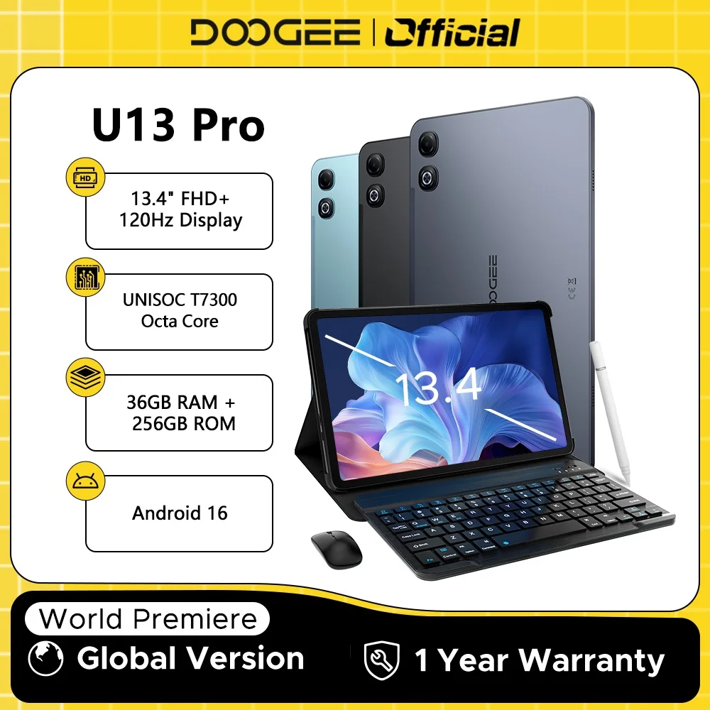 Планшет DOOGEE U13 Pro, Android 16, Gemini AI, 13'' FHD+ 120Гц, UNISOC T7300, 32ГБ+256ГБ, аккумулятор 11000мАч, 13МП+8МП, Smart Pad