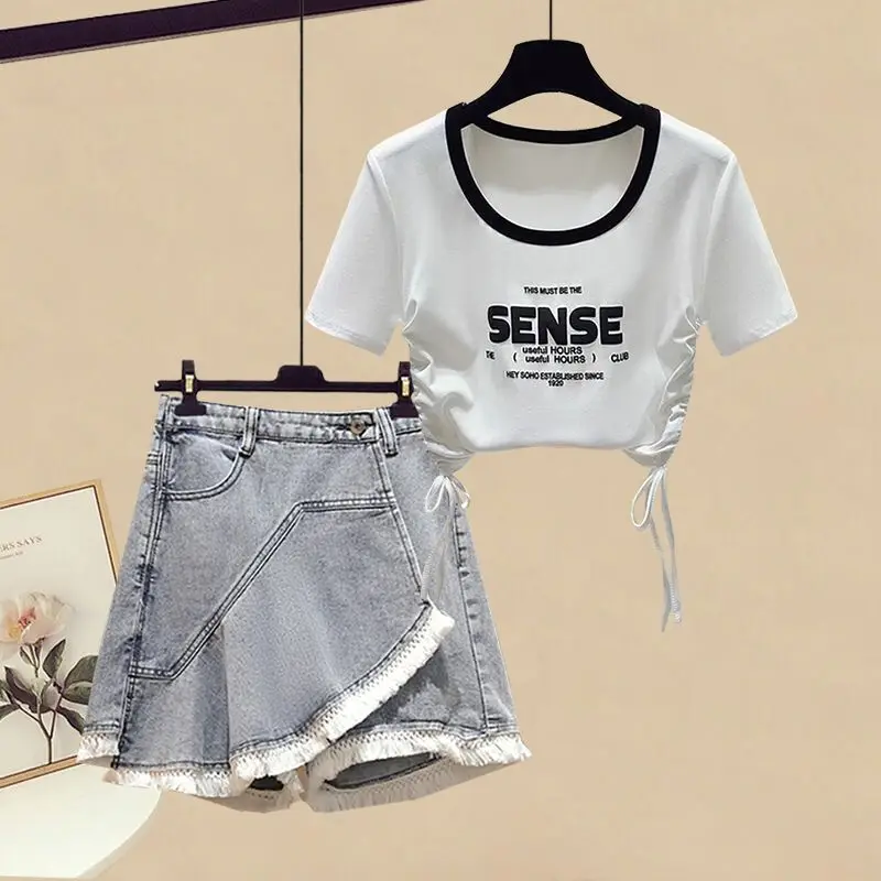 Girls Summer Set New Drawstring Letter Short sleeved T-shirt Lace Jeans Skirt Two piece Children's Clothing Set