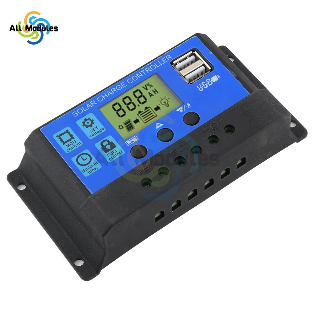 Solar Charge Controller 12V/24V Solar Panel Battery Regulator 30A 20A 10A PWM Battery Charger LCD Display Dual USB 5V Output