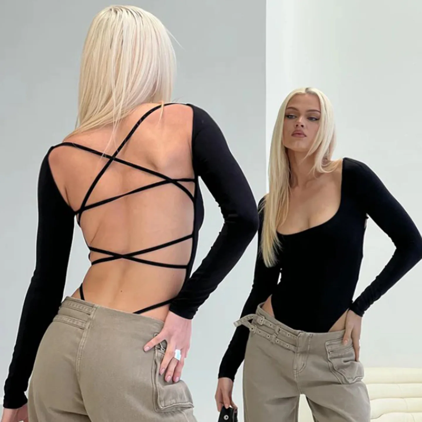 

Боди с открытой спиной и перекрестными бретелями, осень 2022, женские сексуальные комбинезоны с квадратным вырезом и длинными рукавами, тонкие комбинезоны для ночного клуба, повседневные универсальные топы