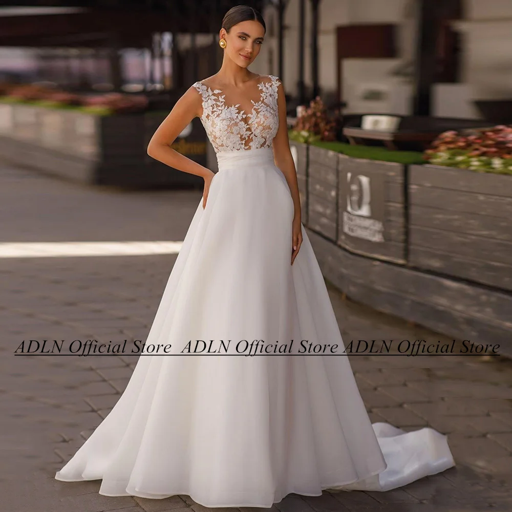 

Sexy Organza Wedding Gown Bridal Dresses Scoop Neck Sleeveless See Through Applique A Line Vestido Noiva Bride Wedding Dress