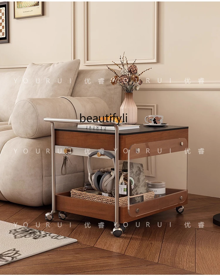 

Retractable coffee table living room multi-functional rock slab edge table French retro storage removable tea table