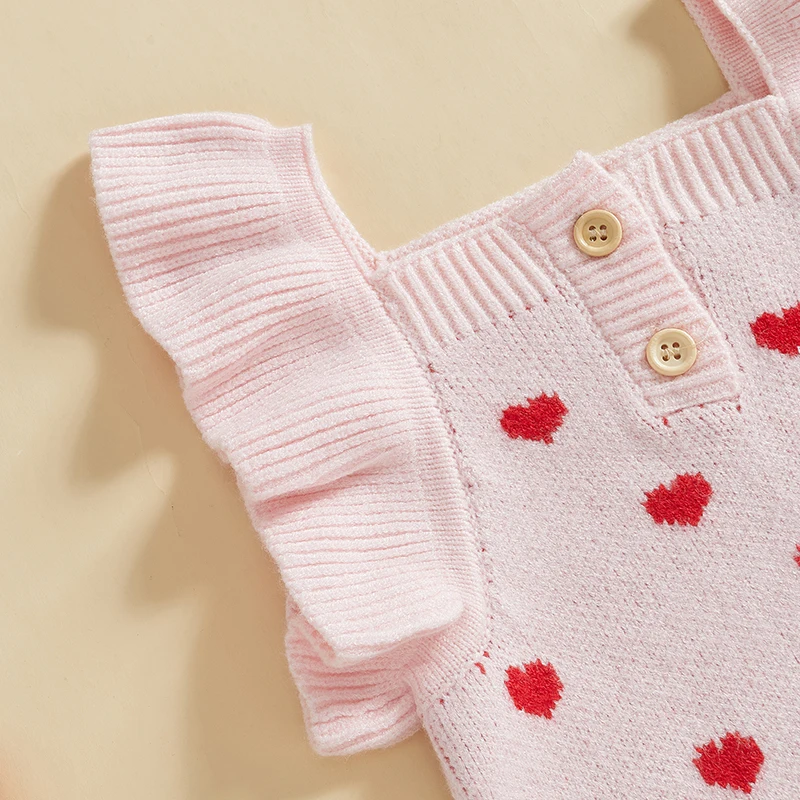 

Adorable Toddler Valentine s Day Romper with Heart Print and Ruffle Sleeves Square Neckline Perfect Spring Outfit for Baby