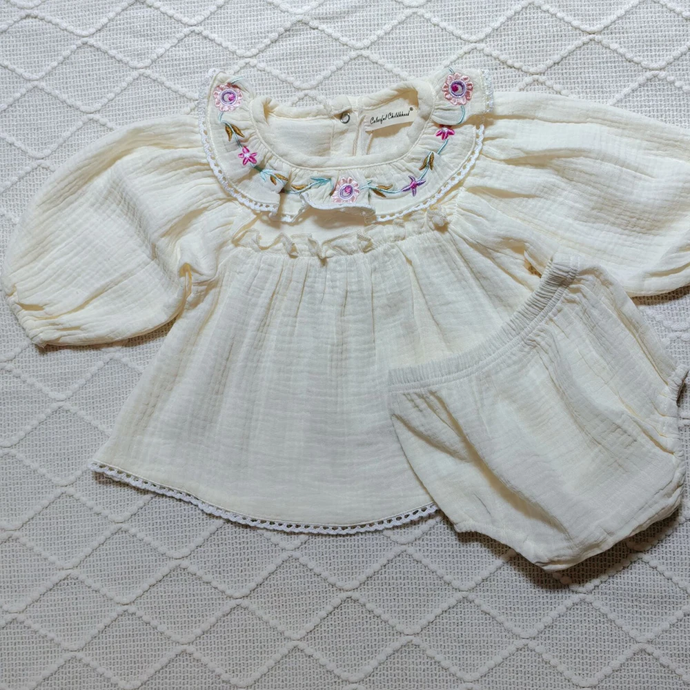 

Sweet Ruffles Lace Infant Girls Shirt and Bloomers Toddler Clothes Set Spring Summer Fall Baby Cotton Cozy Birthday Costume