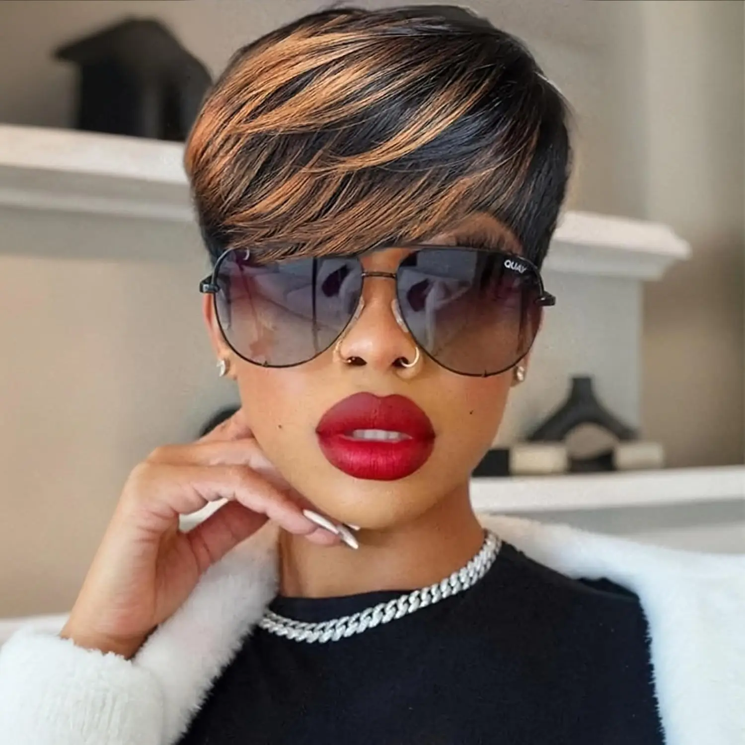 

Черный/коричневый парик из натуральных волос 1B30, 150% плотность, короткий прямой парик-пикси, 6 дюймов, машинная работа, для женщин