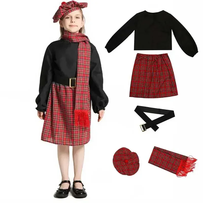 HN8 Kids Schotland Jurk Halloween Kostuum Voor Meisjes Jongens Schotten Kilt Carnaval Party Cosplay Festival Geruite Rok Hoed Sjaal) 4Dc