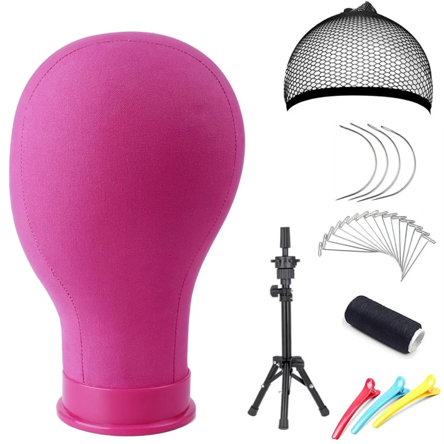 21 22 23 Inch Canvas Block Head Pink Wig Head with Wig Stand Tripod Mannequin Head Stand for Wigs Trimming Making Display.