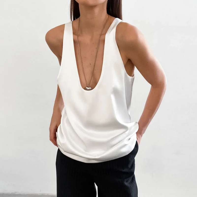 

2024 Commuting Women's Simple Satin Deep V Tank Top Female Casual Clothing Temperament Loose Sleeveless T-shirt Spring for Women