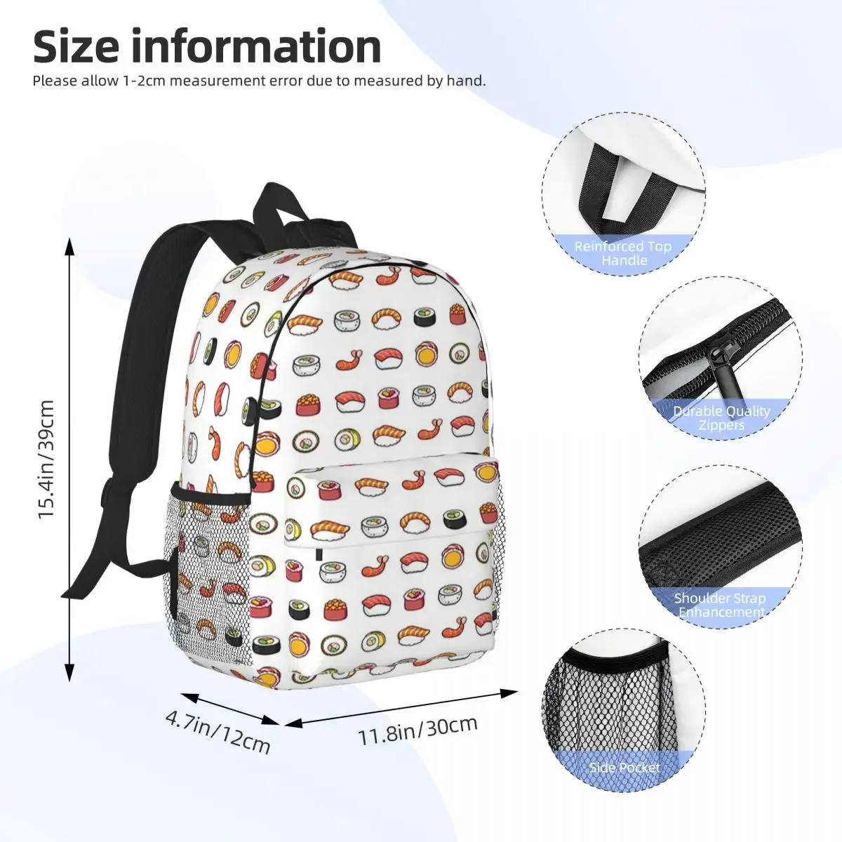 Sushi Nyan Kawaii Comida Mochilas, Adolescente Bookbag, Estudantes Mochilas Escolares, Mochila Laptop, Bolsa de Ombro, Grande Capacidade, Moda