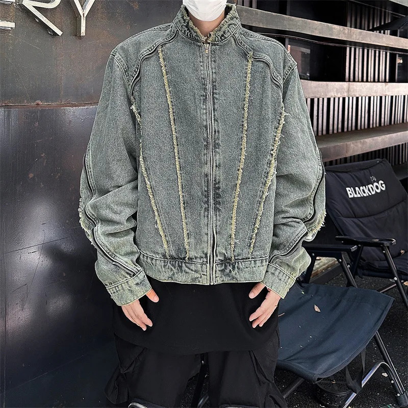 

Men'S Fashion Retro Washed Men'S Street Stand Collar Workwear Trendy Cool Motorcycle Men'S Cardigan