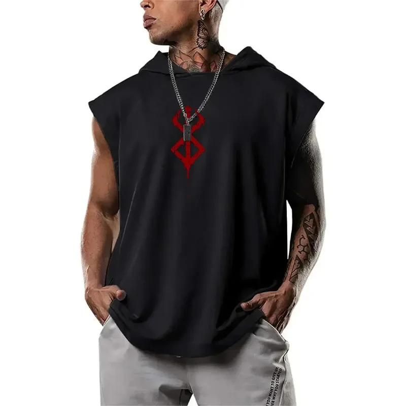 Anime Print Men\'s Sleeveless Hooded Vest Summer Fashion Trend Casual Solid Color Vest Simple Handsome Sports Fitness Top