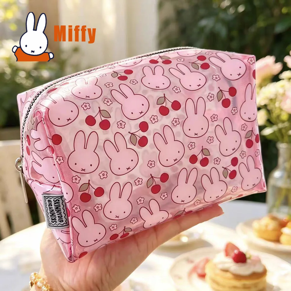 

Kawaii Miffy Pink Transparent PU Cosmetic Bag Cute Cherry Flower Pattern Large Capacity Waterproof Makeup Organizer Girl Gift