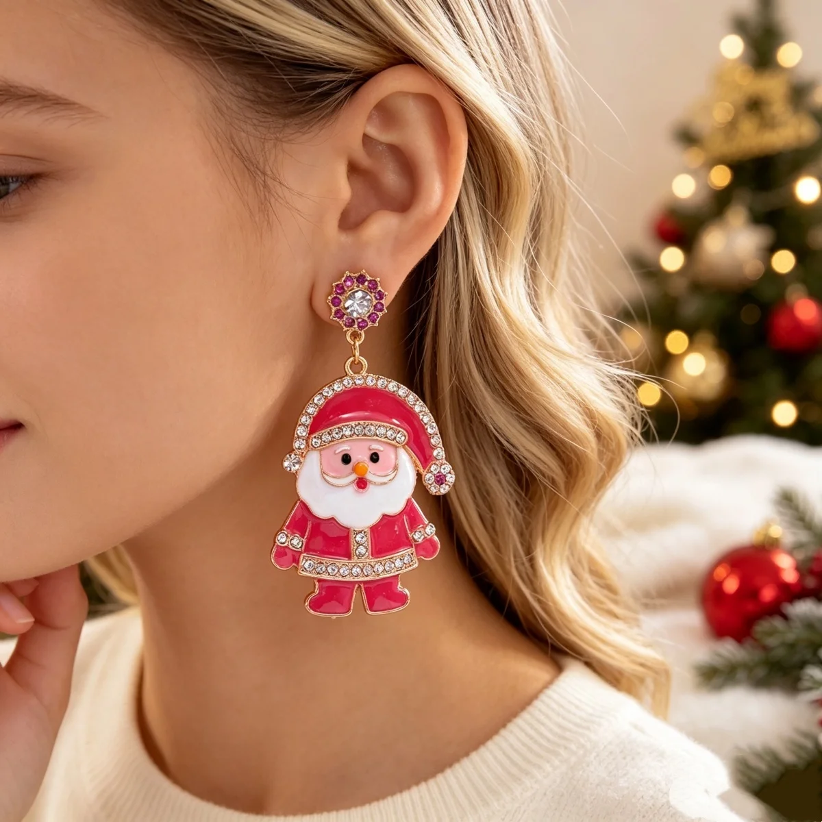 Strass-Ohrringe mit rosa Emaille-Weihnachtsmann-Anhänger für Damen, Weihnachtsschneemann, Lebkuchenmann, Krücke, Schneeflocken-Ohrringe, Schmuck – Detail 8