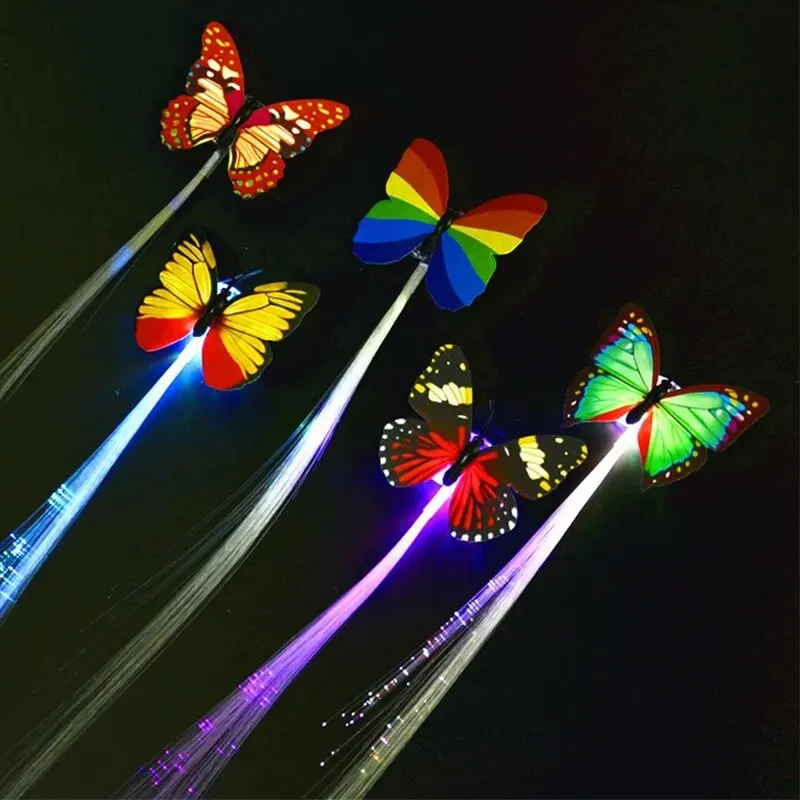 6PCs Colorful Luminous Braids Butterfly Glitter Fiber Optic Hair LED Silk Braids Bar Prom Aid Supplies Hairband Hair Decor