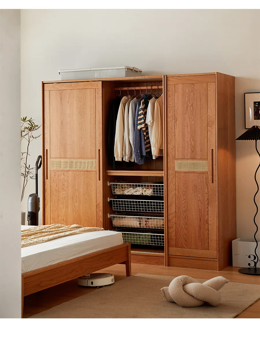 Cherry wood bedroom wardrobe household small apartment sliding door wall wardrobe log locker
