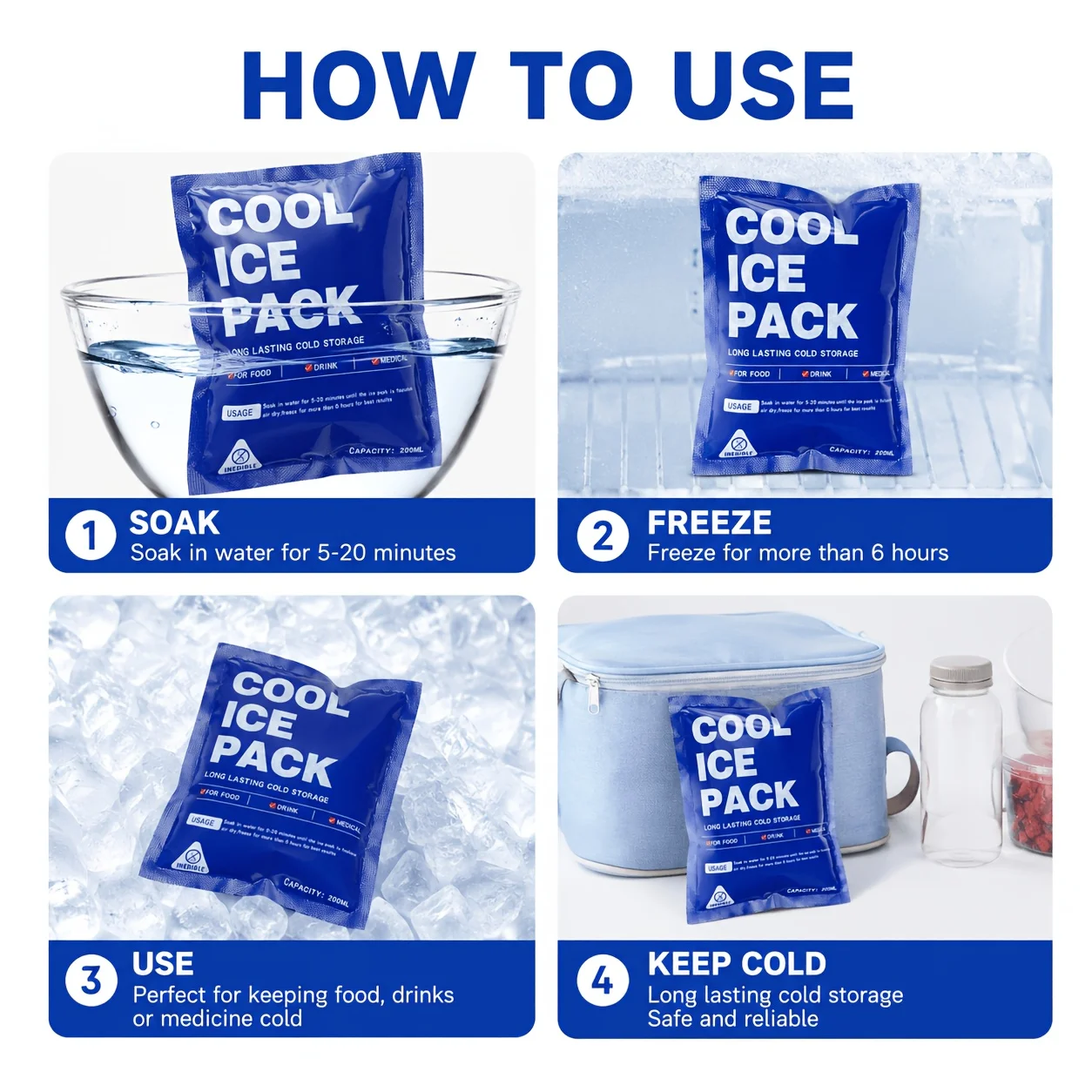 50Pcs Self-Absorbent Ice Packs Reusable Cold Pack Cooler Bags Fresh Keeping Insulated Cooling Bags For Camping Picnic Food Drink