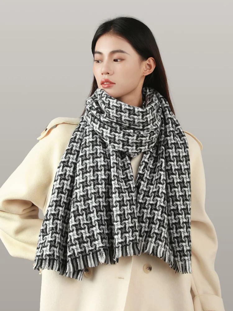 

New 2023 Autumn Winter Women Scarf Vintage Houndstooth Scarve Pashmina Mujer Femme Foulard Bufanda Wrap Shawl Echarpe Hiver Men