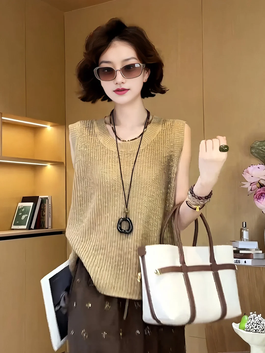 plus Size round Neck Sleeveless Thin Knitted Vest Women Summer New Style Slimming Outerwear Shoulder Pad Top H-Shape Backless