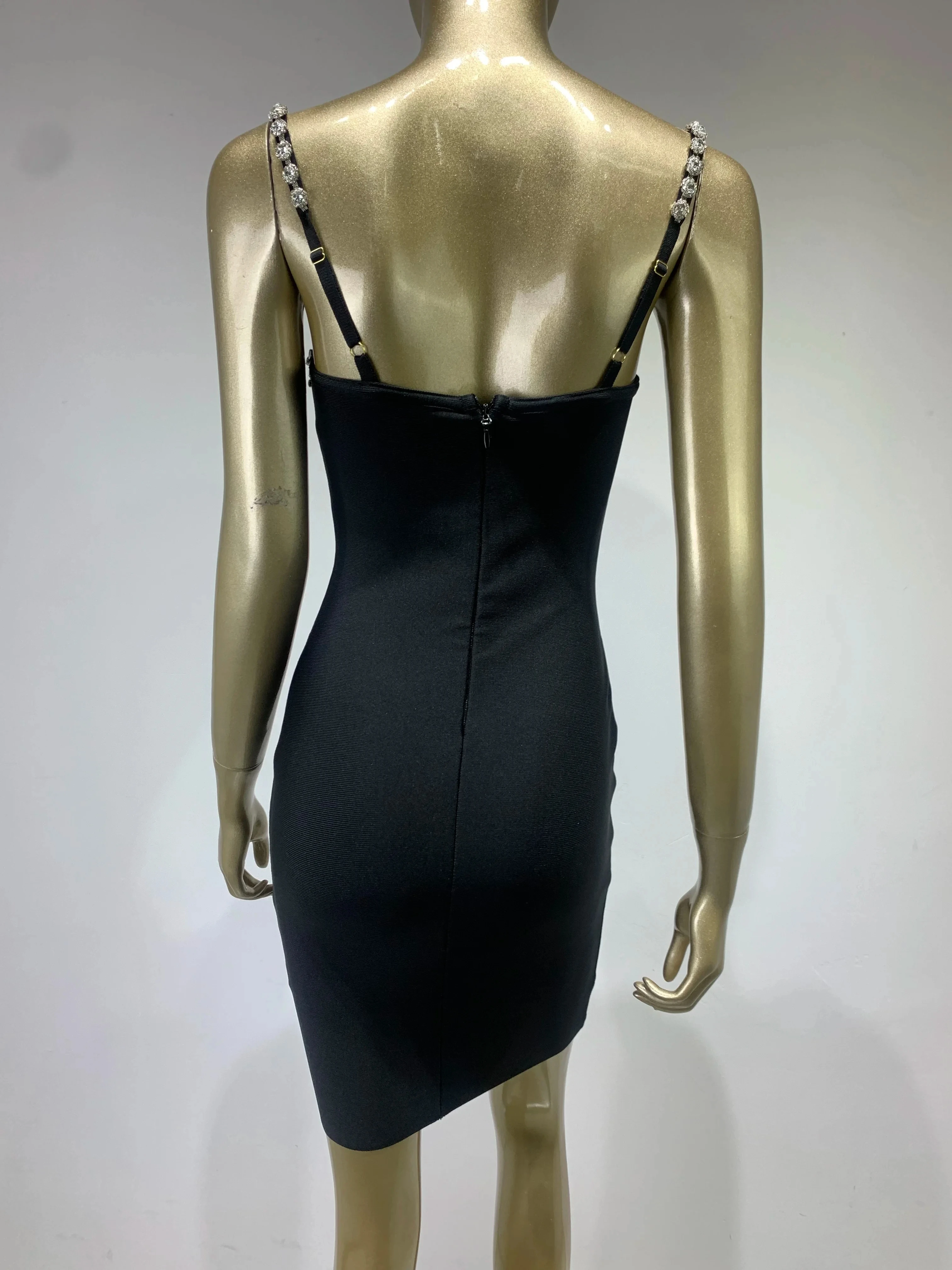 2024 New Black Bandage Dress Women Elastic Crystal Spaghetti Strap Deep V Neck Bodycon Mini Celebrity Evening Club Party Dresses