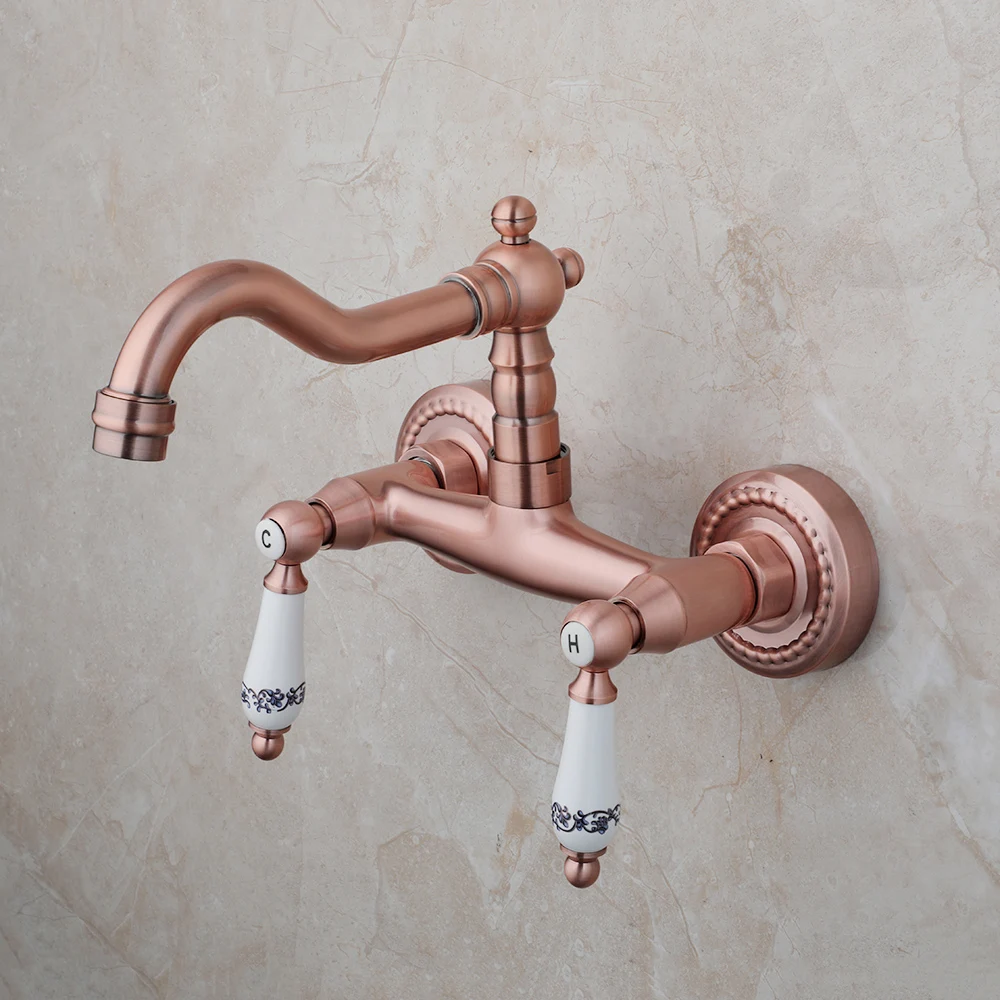 Imagem -03 - Zappo-antique Copper Red Brass Wall Mounted Faucet Torneiras de Alças Misturador para Pia do Banheiro Torneira de Banheira 360 Bico Giratório