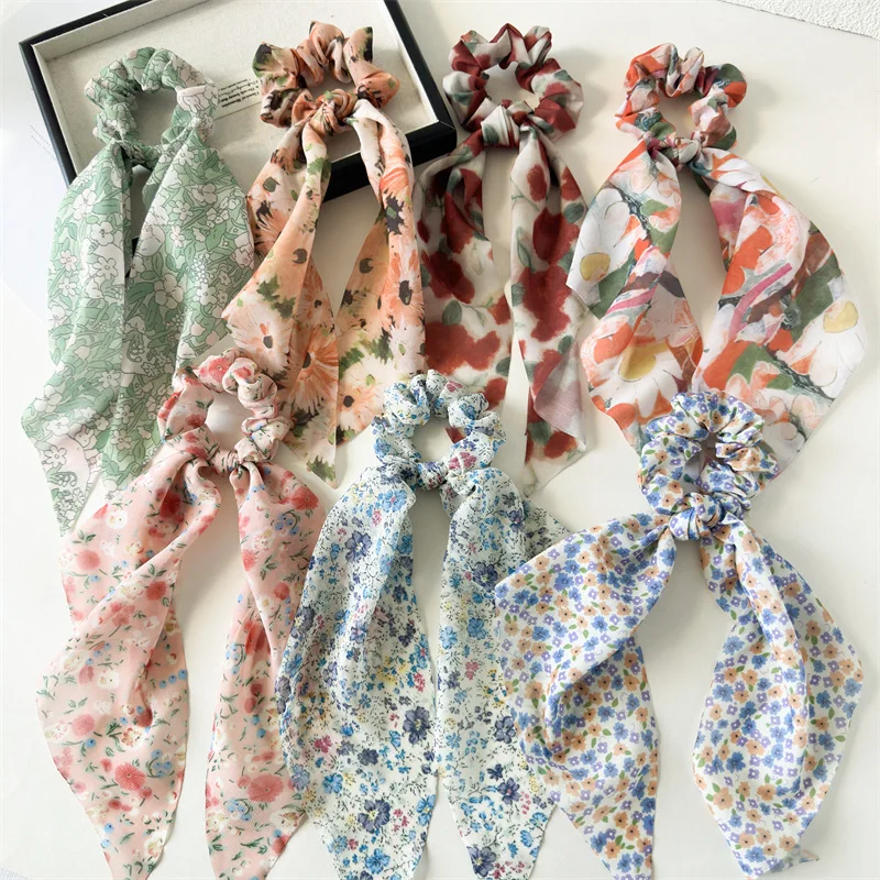Floral Print Chiffon Long Ribbon Hair Scrunchies Women Girls Ponytail Scarf Elastic Rubber Bands Hair Ties Styling Accessories