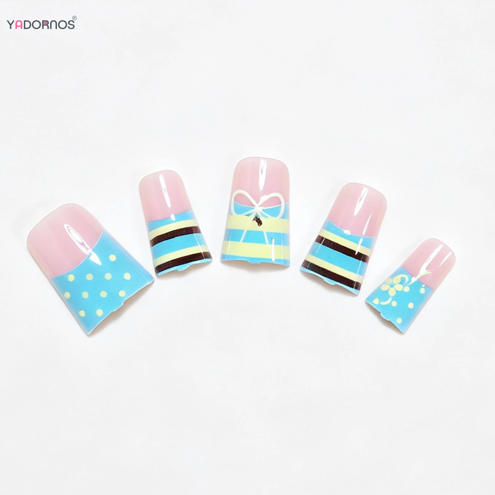 24pcs Korean Dopamine Press On Nails Yellow Blue Stripes Polka Dot French Style False Nails Bowknots Pattern Duckbill Fake Nail