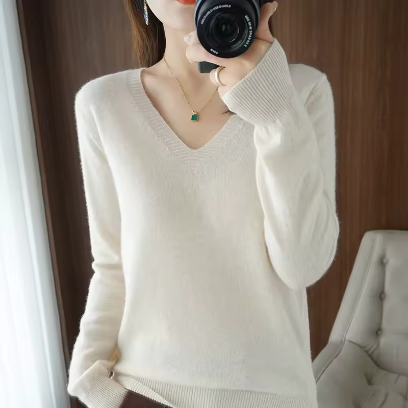 New Cashmere Women's V-neck Pullover Lace Neck Hollow Out Design Casual Knitted Long Sleeve Women's Sweater Autumn And Winter - Image 10