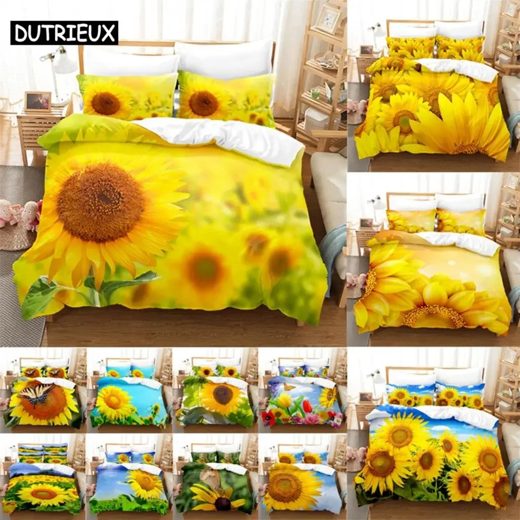 

Floral Quilt Cover Queen Size Sunflower Duvet Cover 3D Bedding Set with Pillowcase King Full Twin Single Double Beds