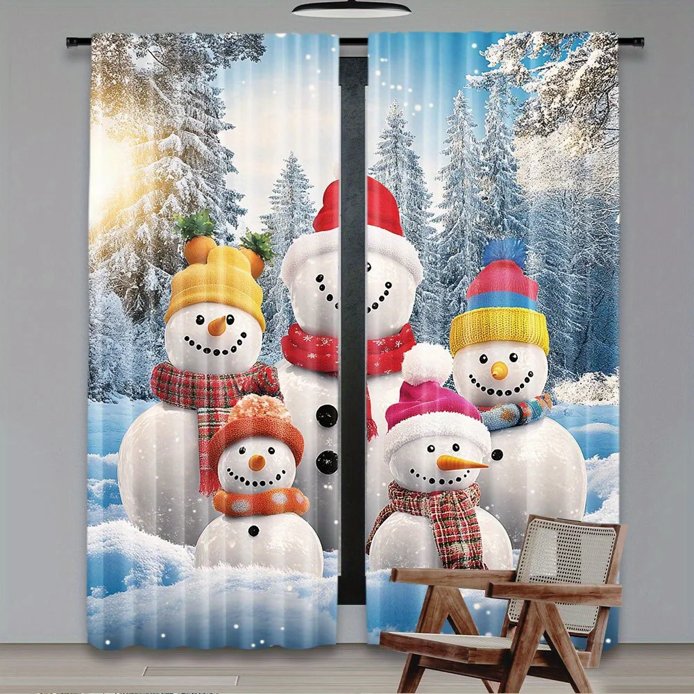 Cute Snowman Family Curtains, Winter Snow Scene Window Drapes, Christmas Kids Room Decor Blackout Fabric for Living Room Nursery