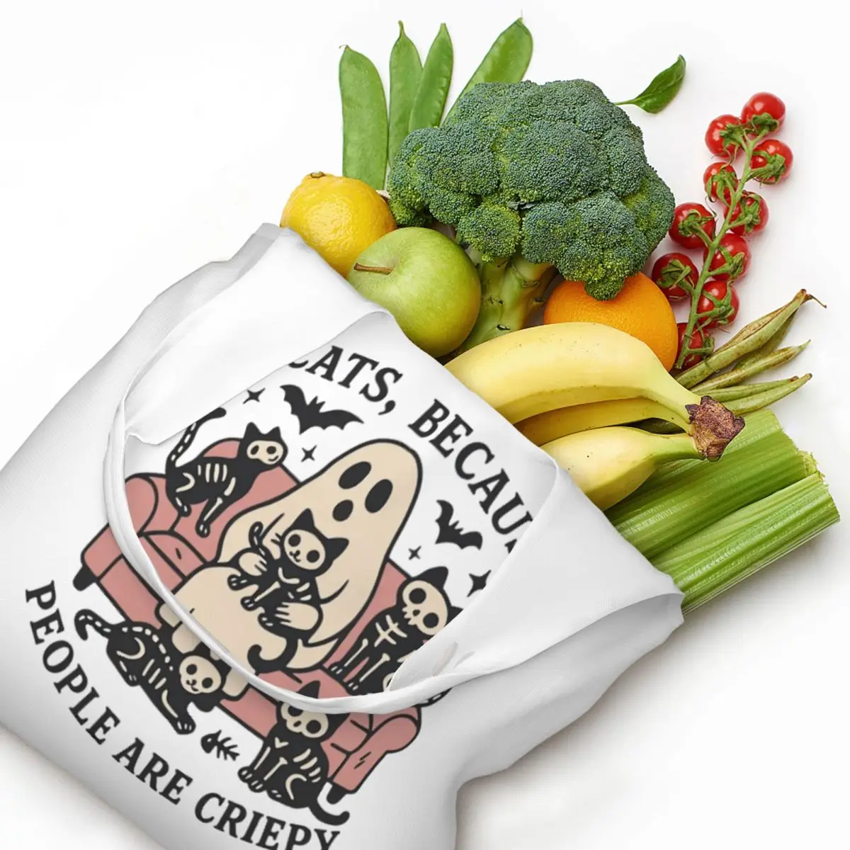 Creepy Cats And Ghostly Tales Funny Halloween Print Cotton Tote Bag - Casual Commuter Shoulder Bag for Grocery Shopping