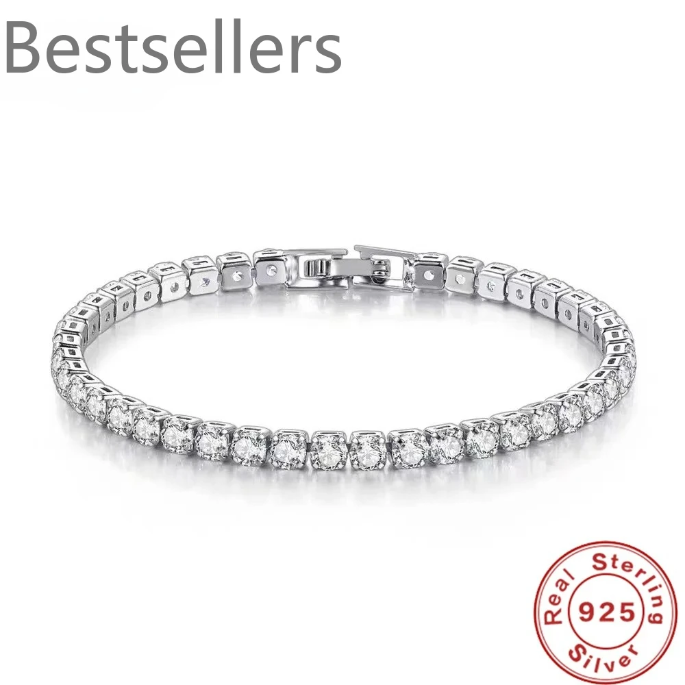 Image of S925 Sterling Silber Armband mit Zirkonia Tennisball-Design für Damen, Modischer Einfacher Verlobungs- und Hochzeitsschmuck, 4mm Breite