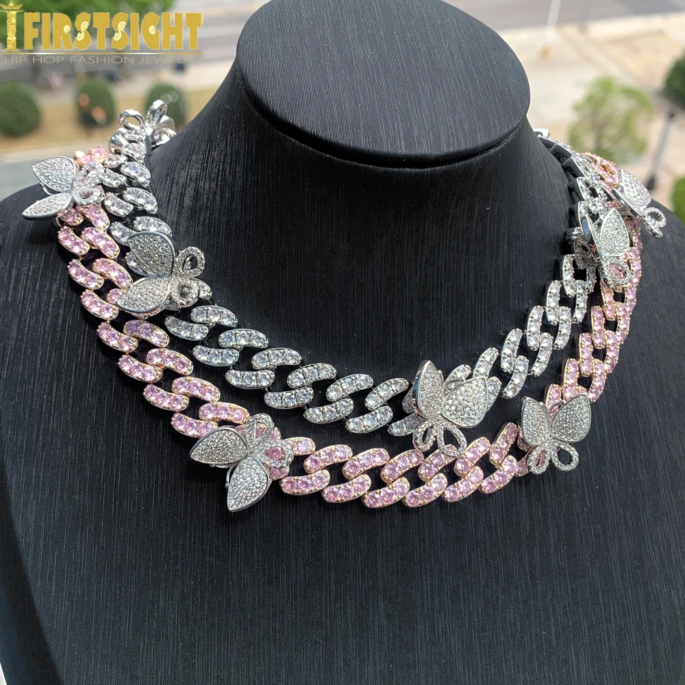 

New 12mm Iced Out Bling CZ Miami Cuban Link Chain Butterfly Charm choker Necklace 15inch 16inch Big Hip hop Women Jewelry