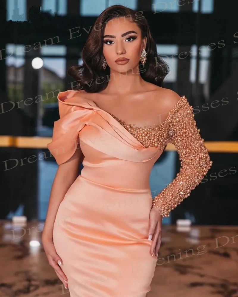 Modern Satin Mermaid Evening Dresses Long Sleeve Sweetheart Prom Gowns Pearl Beaded Vestidos De Fiesta  Formal Occasion Party