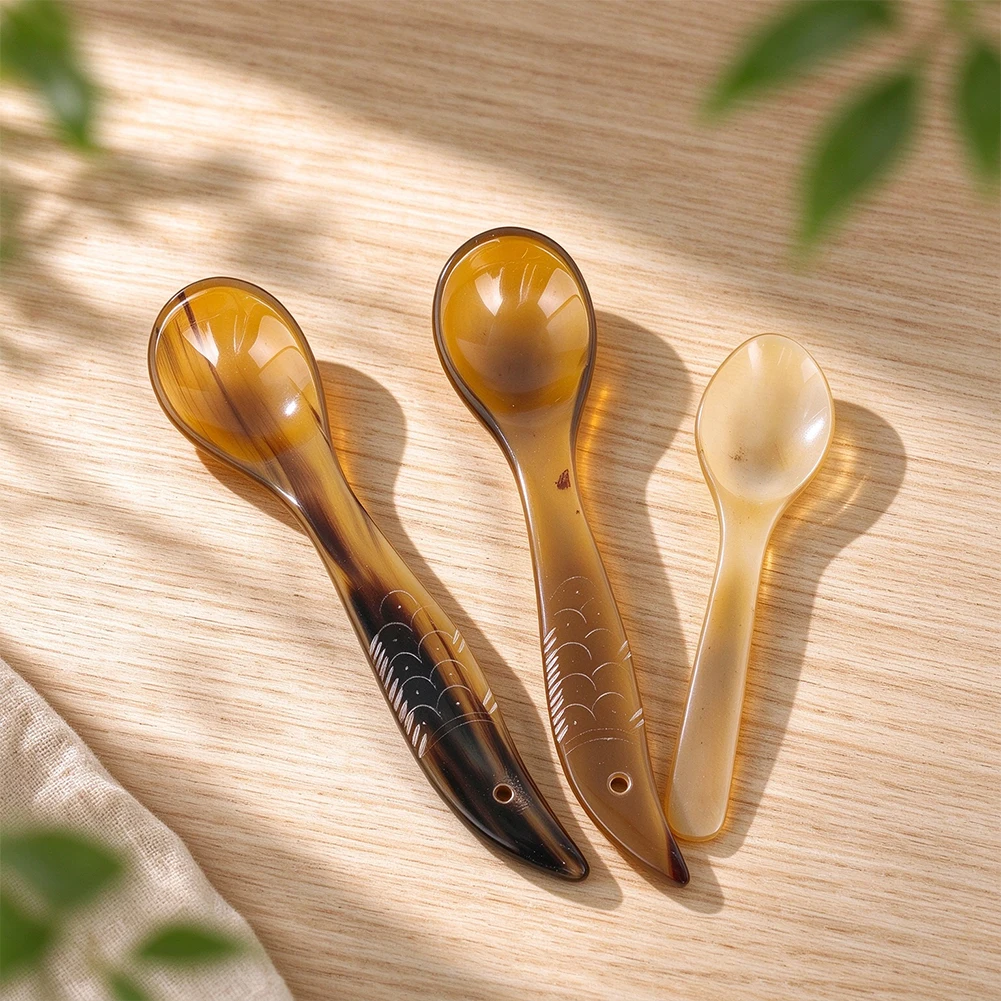 Natural Horn Spoon Handmade Carved Fish Handle Tea Spoon Coffee Honey Caviar Dessert Scoop Tableware Kitchen Tool 3 Styles