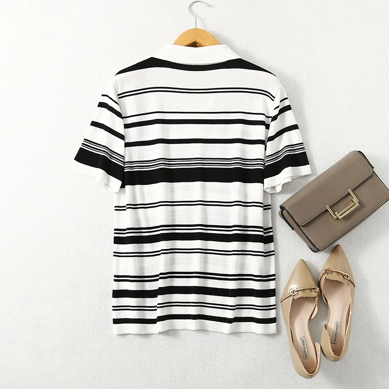 بلوزة نسائية مخططة بياقة على شكل v ، تي شيرت بأكمام قصيرة ، سترة ، بلوفر ، 70% حرير التوت ، 30% قطن ، خطوط ، L ، XL ، XXL ، LY042